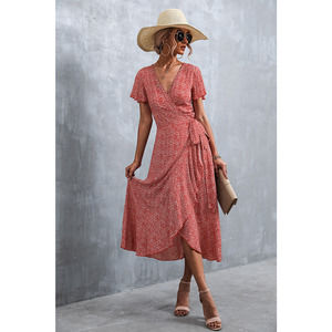Boho Ditsy Floral V-Neck Asymmetrical Wrapped Dress